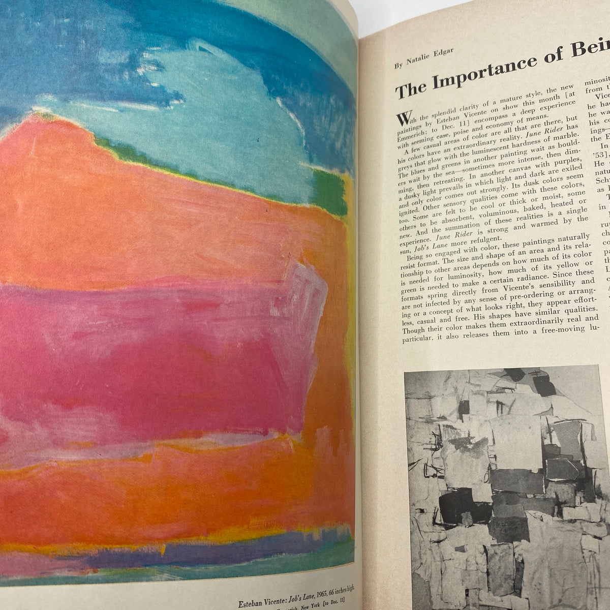Inside page of Art News Magazine, December 1965, featuring an article titled 'The Importance of Being' by Natalie Edgar, accompanied by vibrant artwork.
