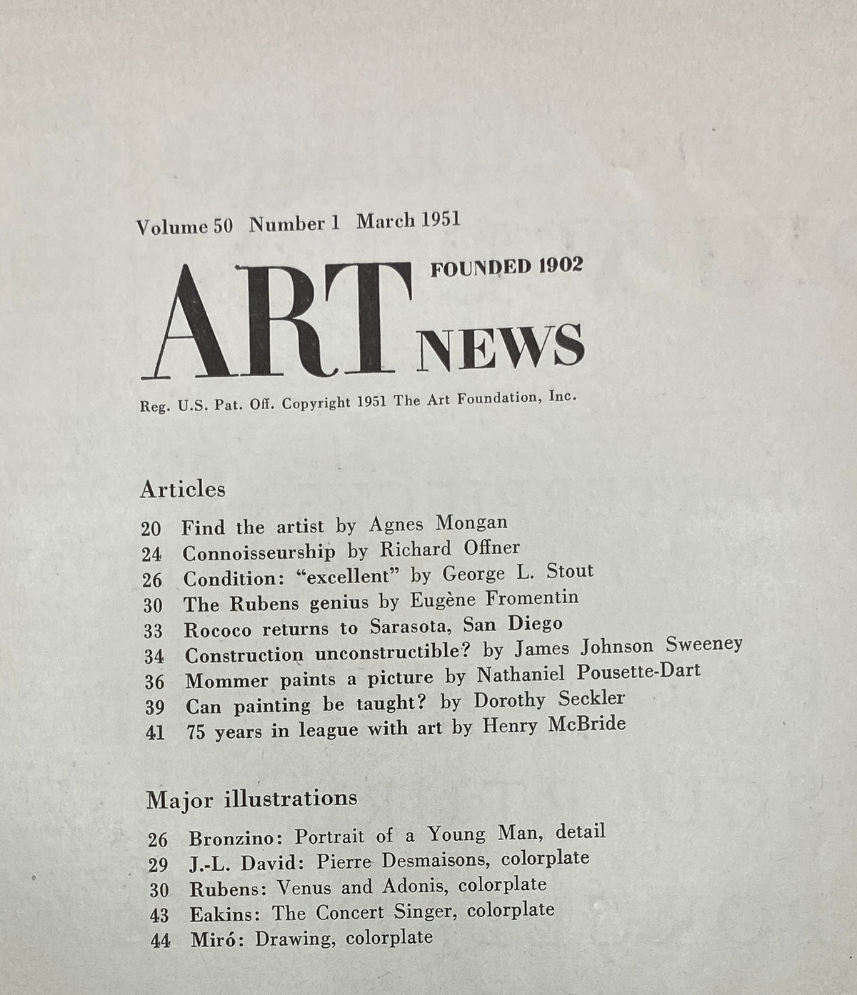 Table of contents from the VTG Art News Magazine March 1951, detailing articles and notable illustrations related to 20th-century art and culture.