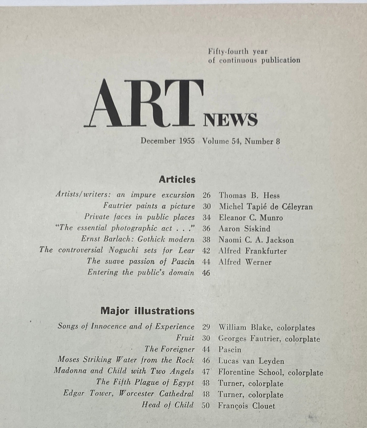 Inside page of VTG Art News Magazine December 1955 listing articles and major illustrations, providing an overview of the magazine's content.