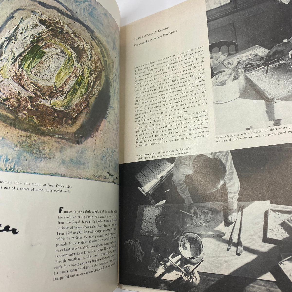 Interior pages of VTG Art News Magazine December 1955, showcasing an article by Michel Tapié de Céleyran and photography by Robert Descharnes.