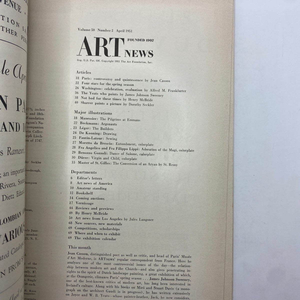 Art News Magazine April 1951 volume overview featuring articles and major illustrations including works by Manessier and Beckmann.