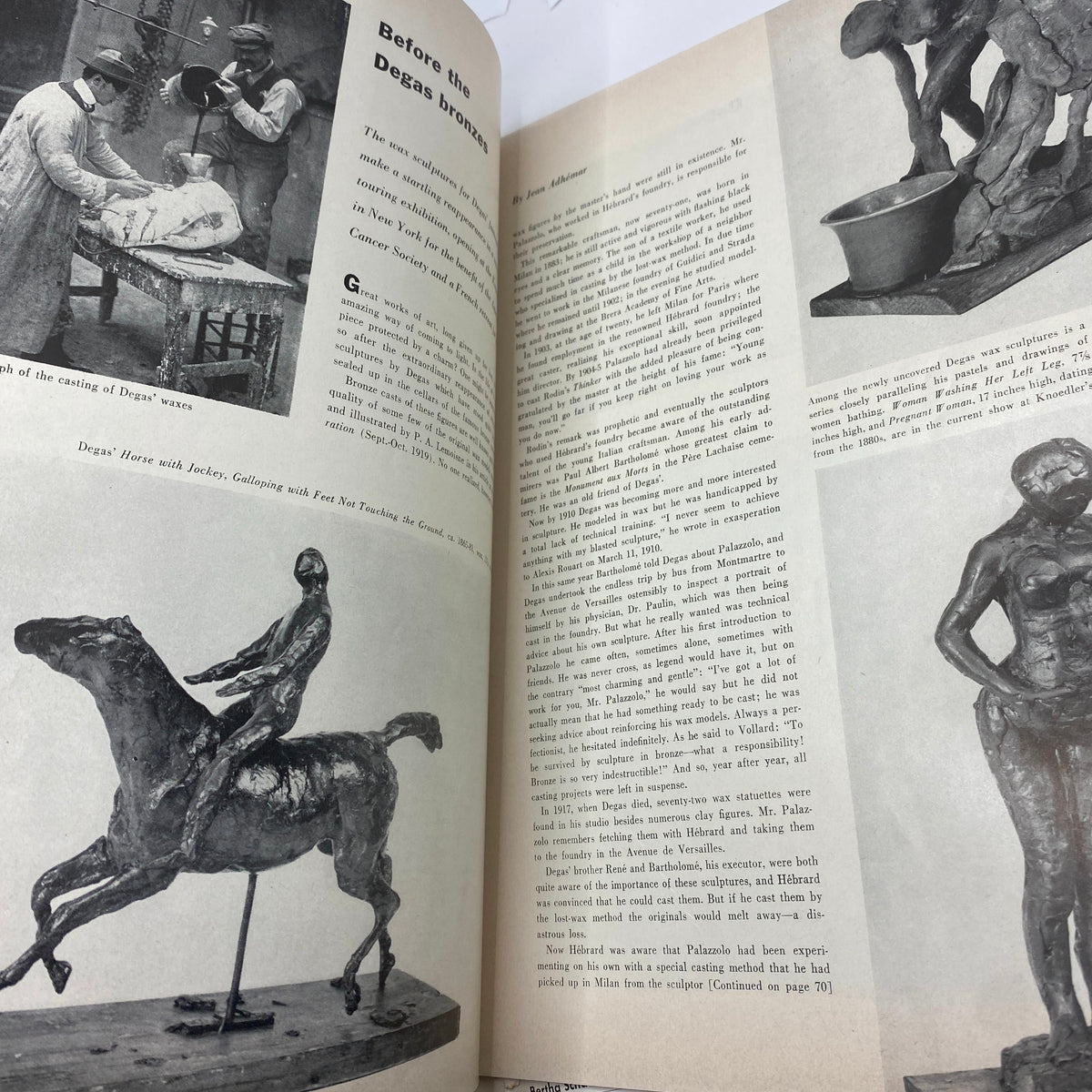 Art News Magazine November 1955 featuring a page showcasing the casting of Degas' bronzes and images of his sculptures, complementing the four-part Synchromy by Morgan Russell.