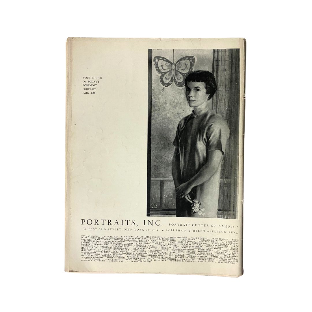 Art News Magazine November 1955 showcasing a vintage advertisement for Portraits, Inc., featuring a young boy standing beside a butterfly illustration, in context of art history and culture.