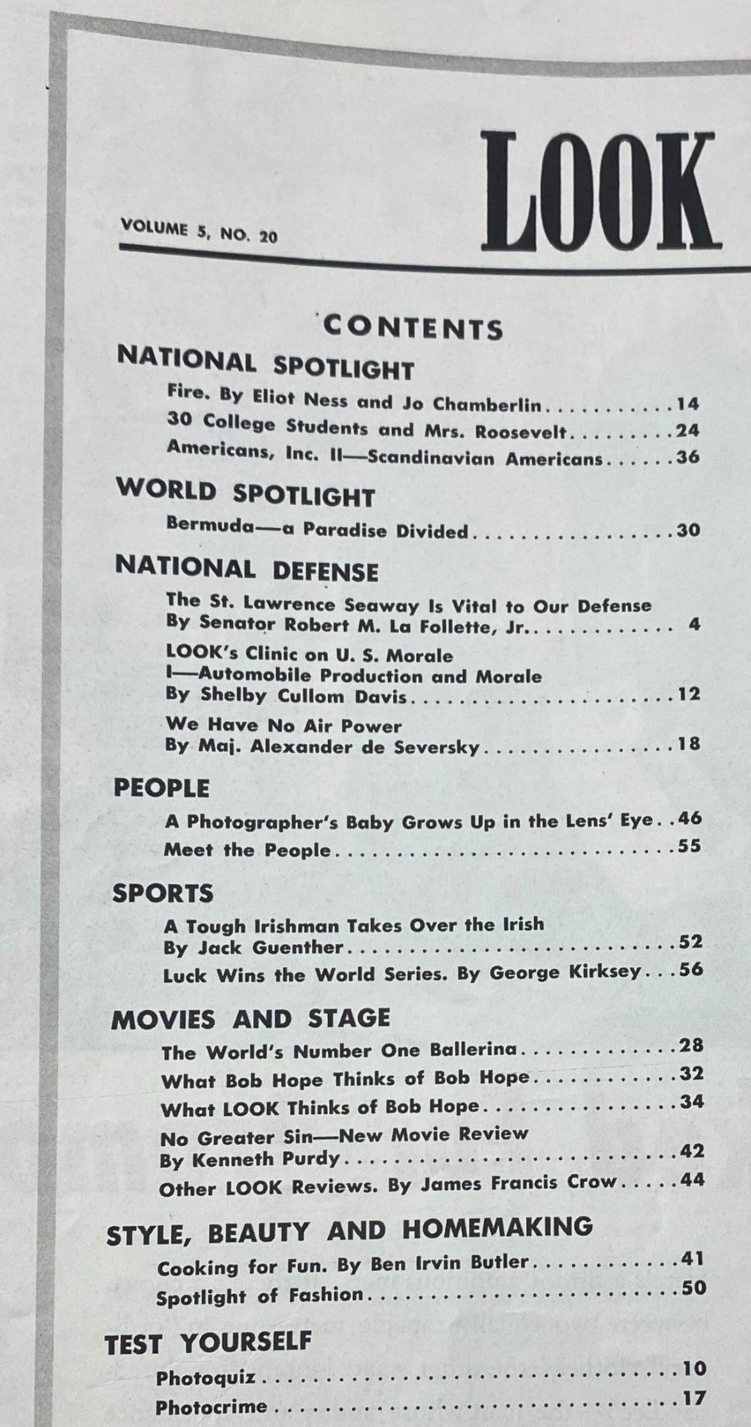 Table of contents page from Look Magazine, October 7, 1941, Volume 5, Number 20. It lists articles including features by Eliot Ness, national defense discussions, and insights into American life during the early 1940s.