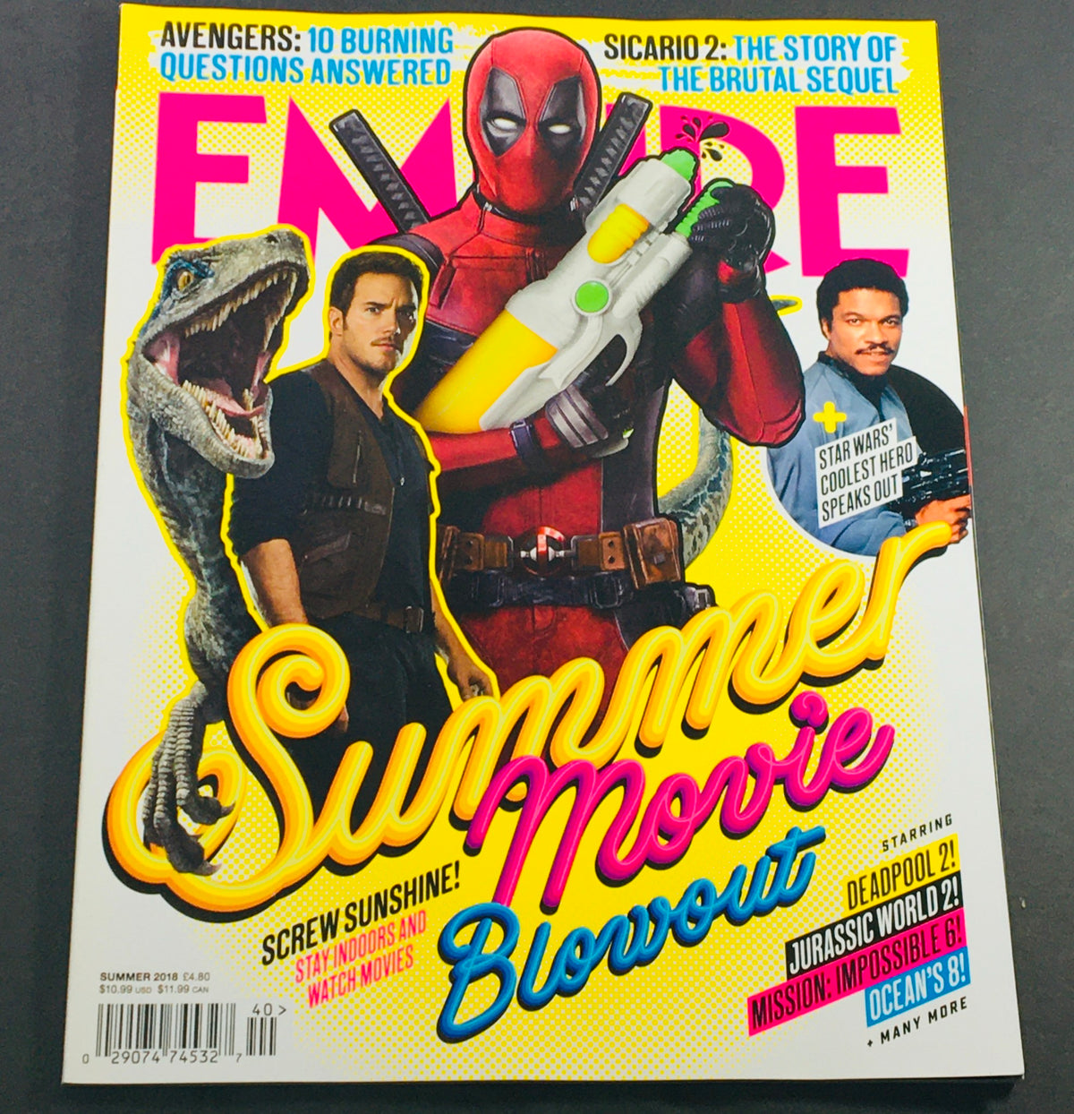 Empire Magazine Summer 2018 #350 cover featuring Chris Pratt, Ryan Reynolds, and Deadpool, highlighting the theme 'Summer Movie Blowout' with vibrant colors and dynamic design.
