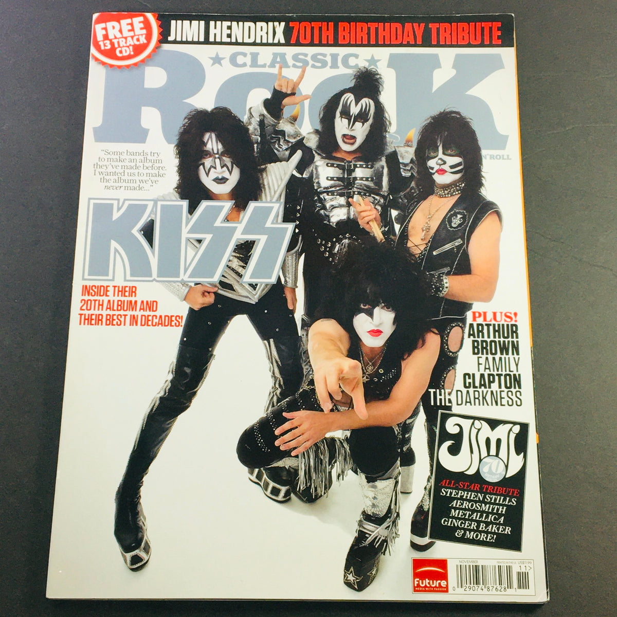 Classic Rock Magazine November 2012 #177 featuring Jimi Hendrix and Arthur Brown, with a cover showcasing the band KISS and a 70th birthday tribute to Jimi Hendrix, ideal for vintage magazine collectors.