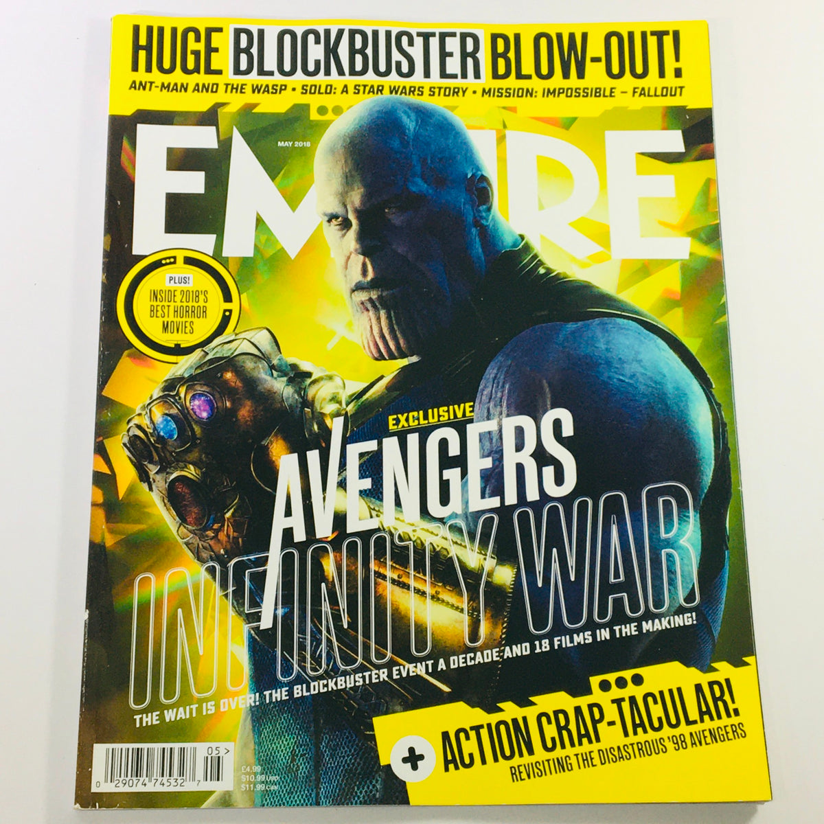 Empire Magazine May 2018 issue showcasing Josh Brolin as Thanos on the cover, promoting exclusive content about Avengers Infinity War, with vibrant colors and bold typography.