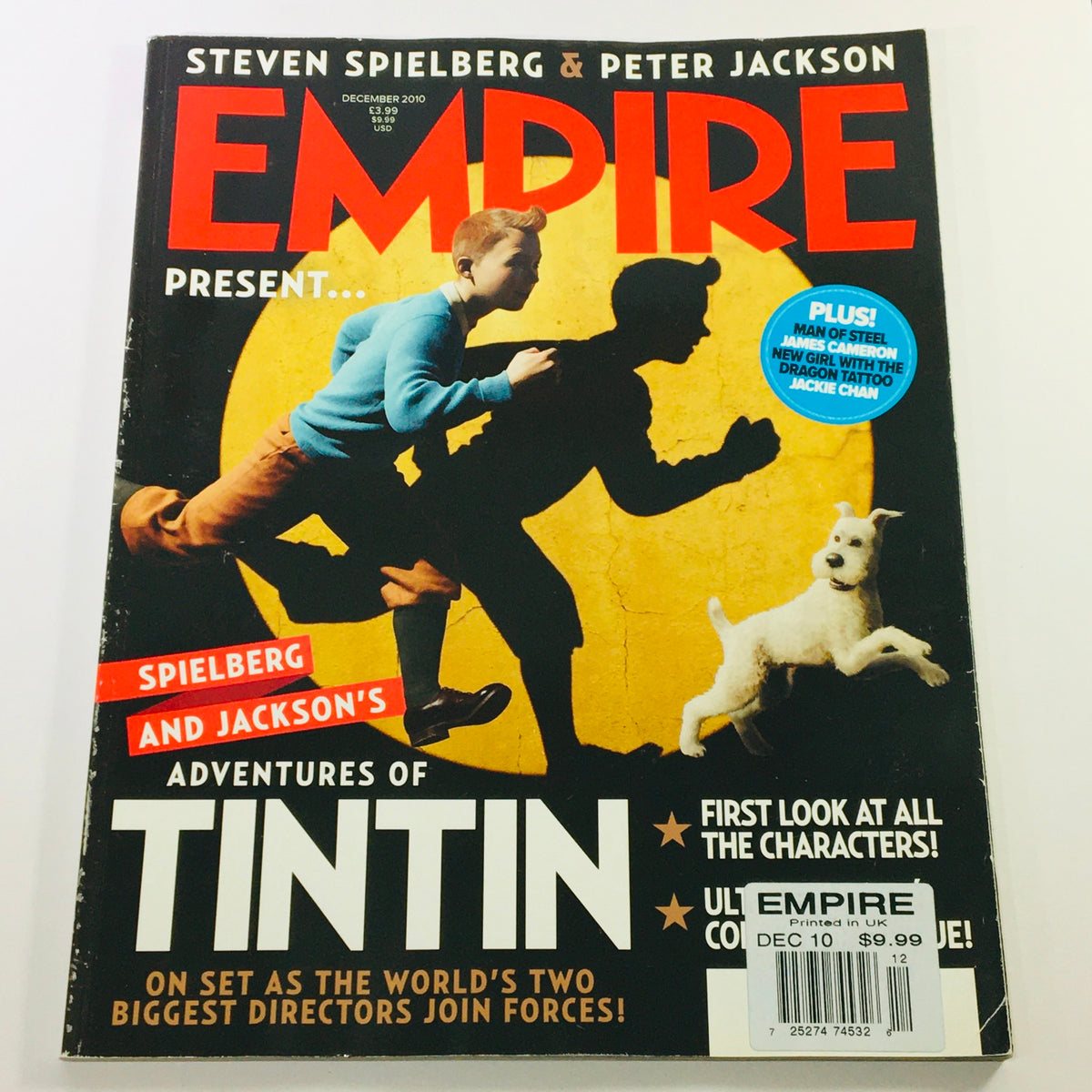Empire Magazine December 2010 featuring Jamie Bell on the cover, highlighting 'Adventures of Tintin' with Steven Spielberg and Peter Jackson. This collectible vintage magazine showcases iconic film culture from 2010.