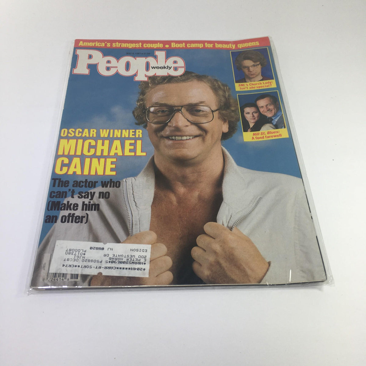 Cover of People Magazine from May 4, 1987, featuring Oscar winner Michael Caine with the headline 'The actor who can't say no (Make him an offer)'. The magazine showcases a classic 1980s design and captures Caine's charismatic image.