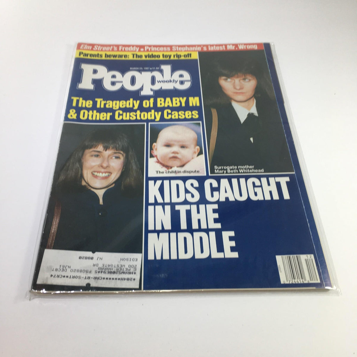 Cover of People Magazine dated March 23, 1987, featuring the title 'The Tragedy of Baby M & Other Custody Cases'. The cover showcases a smiling woman, a baby involved in a custody dispute, and surrogate mother Mary Beth Whitehead, highlighting significant themes of child custody issues.