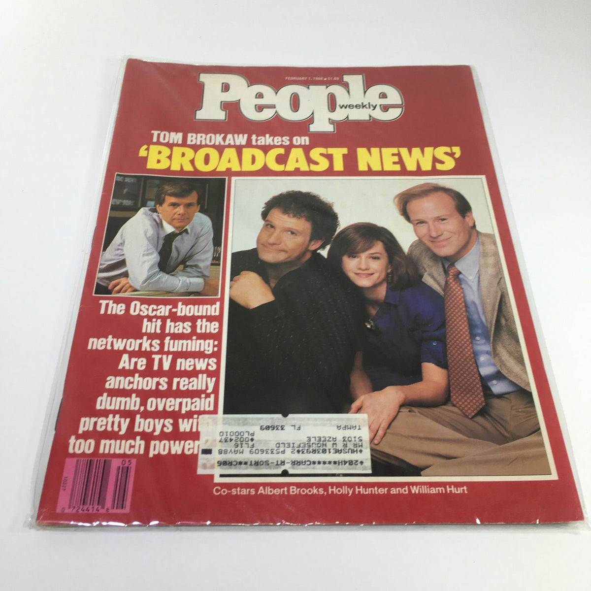 February 1, 1988 issue of People Magazine featuring Tom Brokaw takes on Broadcast News, showcasing actors Albert Brooks, Holly Hunter, and William Hurt on the cover. The magazine highlights the impact of television journalism during the late 1980s.