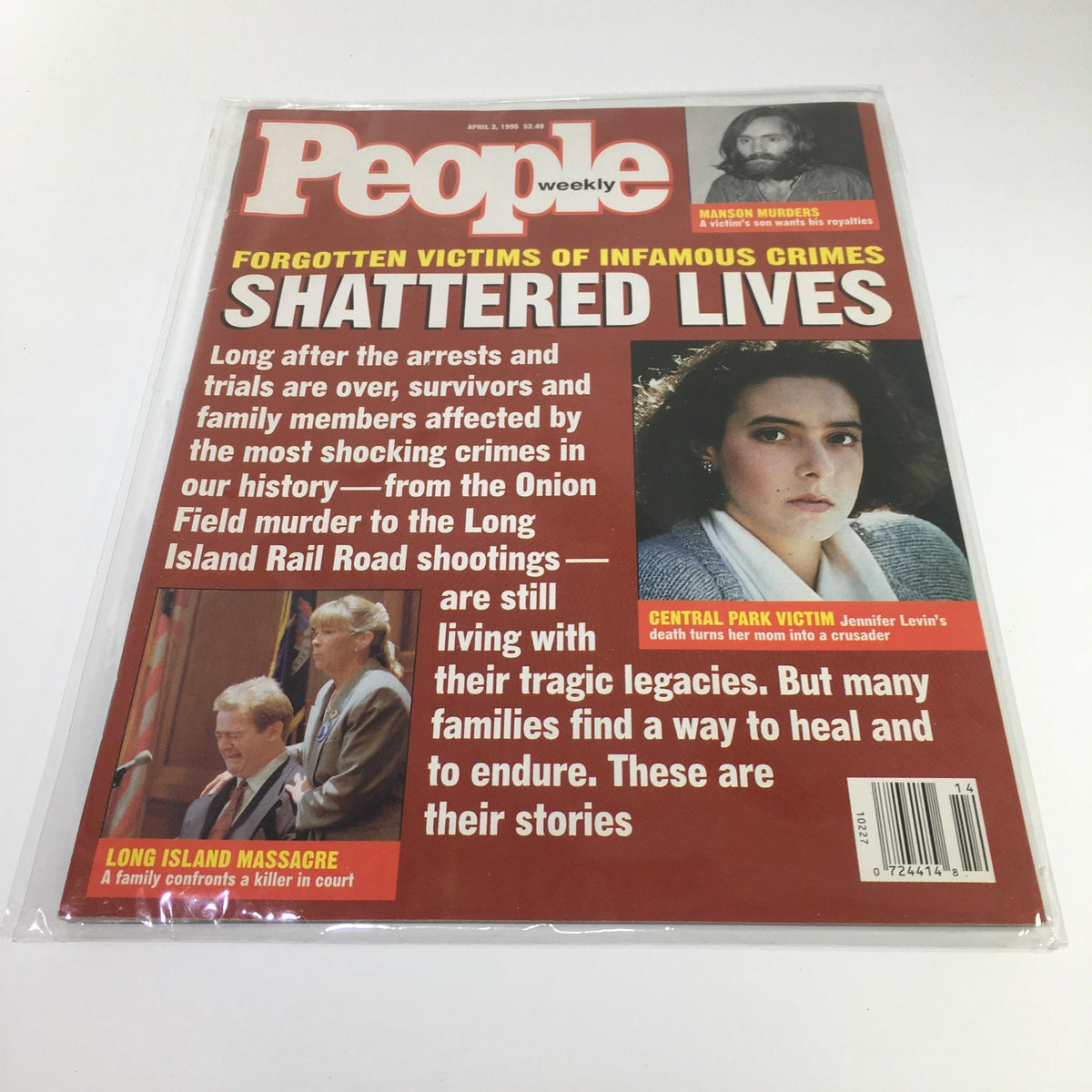 People Magazine from April 3, 1995, featuring the cover story 'Shattered Lives' detailing infamous crimes and their impact. The magazine includes images of Charles Manson and Jennifer Levin, alongside headlines discussing survivors and families affected by shocking historical events.