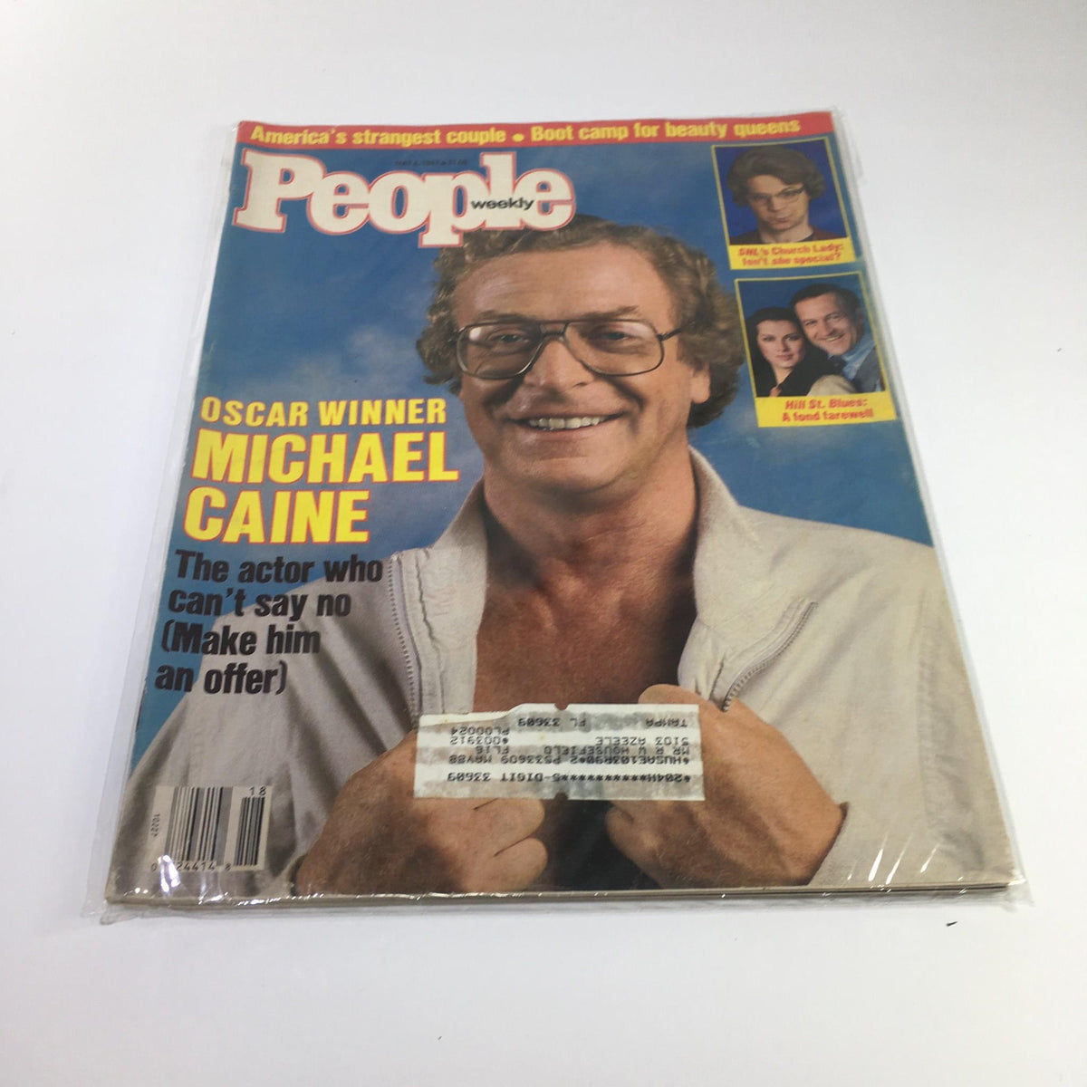 Vintage People Magazine cover from May 4, 1987, featuring Oscar Winner Michael Caine, titled 'The actor who can't say no (Make him an offer)'. The cover highlights his charming smile and engaging personality.