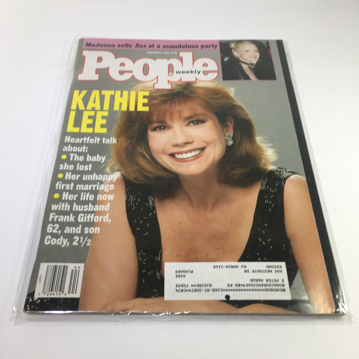 People Magazine: Nov 2 1992 cover featuring Kathie Lee Gifford, showcasing her smiling portrait and headlines about her personal life and motherhood, preserved in plastic wrap.