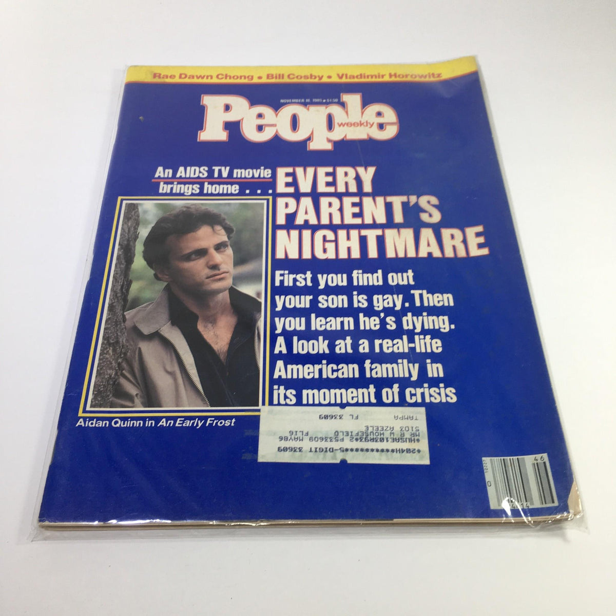 People Magazine cover from November 18, 1985, titled 'Every Parent's Nightmare', featuring Aidan Quinn. The cover discusses themes from the film 'An Early Frost', addressing serious topics related to family and AIDS. Vintage collectible magazine in good condition.