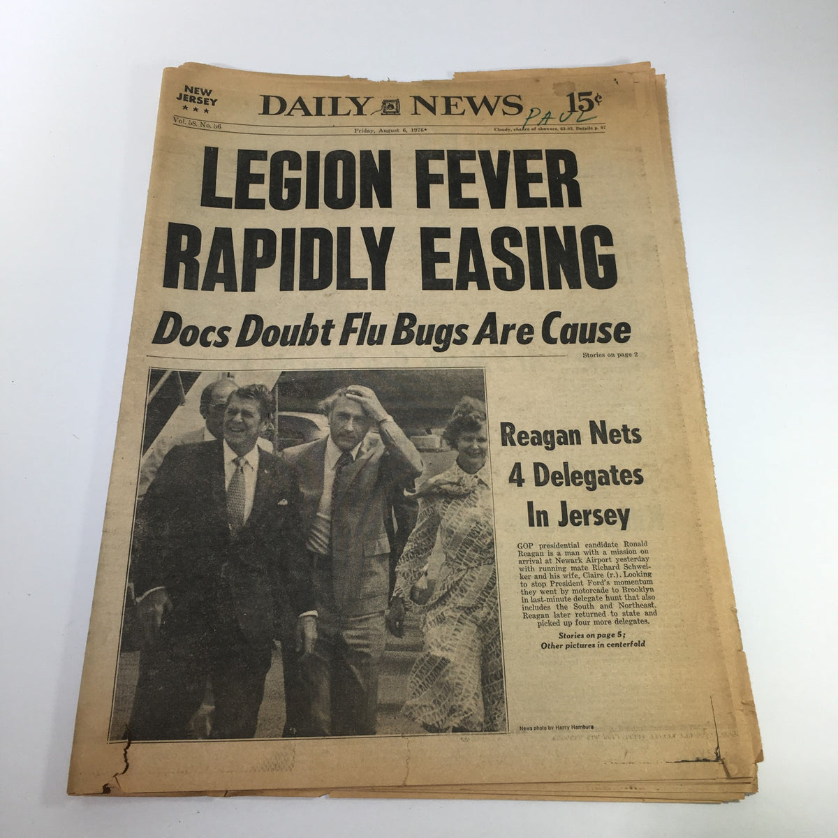 NJ Daily News front page from August 6, 1976, featuring the headline 'Legion Fever Rapidly Easing' about concerns over the disease, alongside a photo of Ronald Reagan.