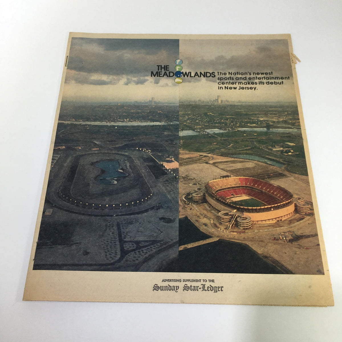 A vintage advertisement featuring 'The Meadowlands', showcasing the Nation's newest sports and entertainment center, from 1971-1976, as featured in the Sunday Star Ledger.