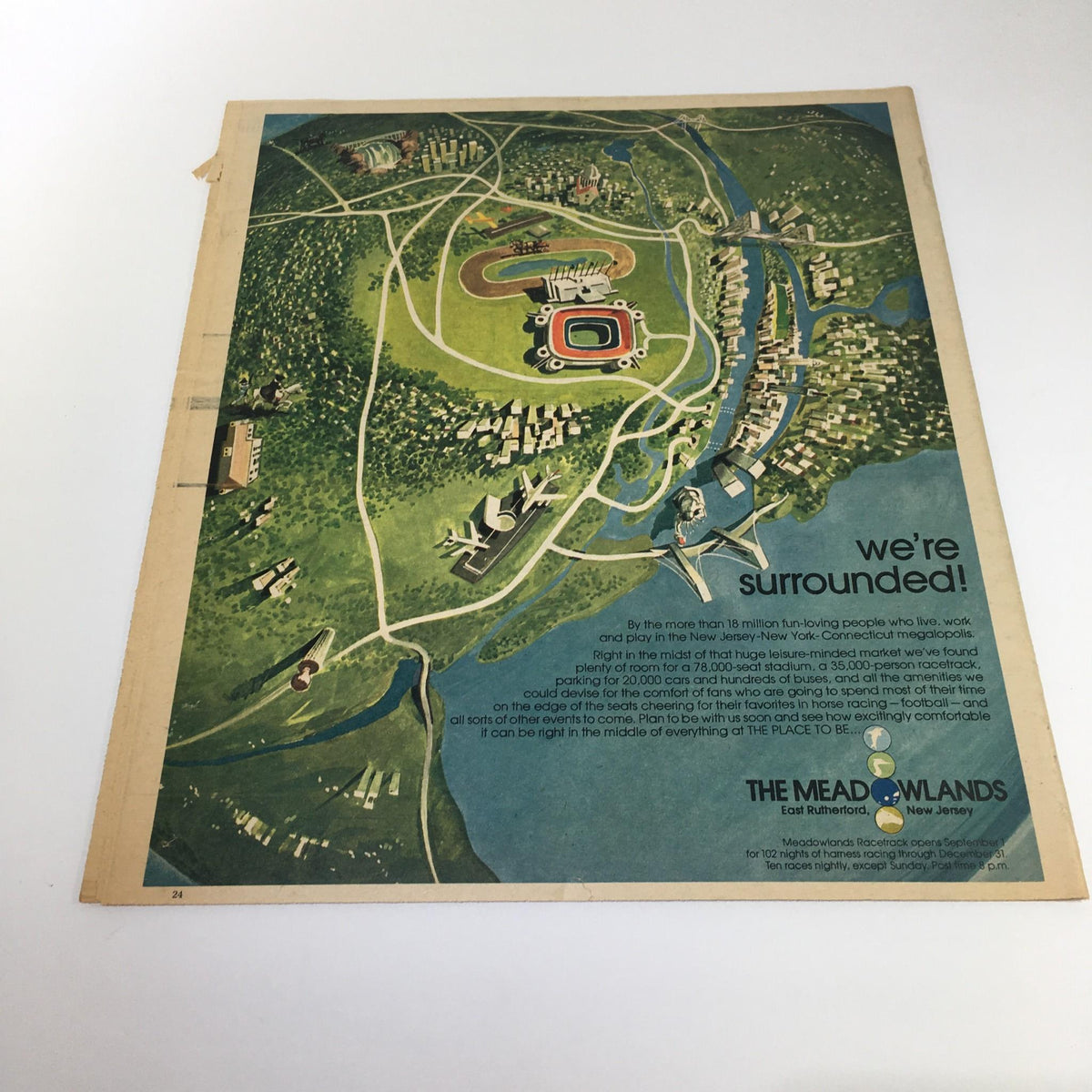 An illustrated view of 'The Meadowlands' depicting its surroundings and layout, highlighting the Nation's newest sports and entertainment center, from 1971-1976, in the Sunday Star Ledger.
