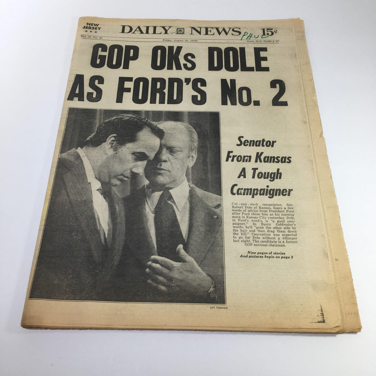 NY Daily News:8/20/76 GOP OK's Dole As Ford's No. Sen. 2 Robert Dole Of Kansas