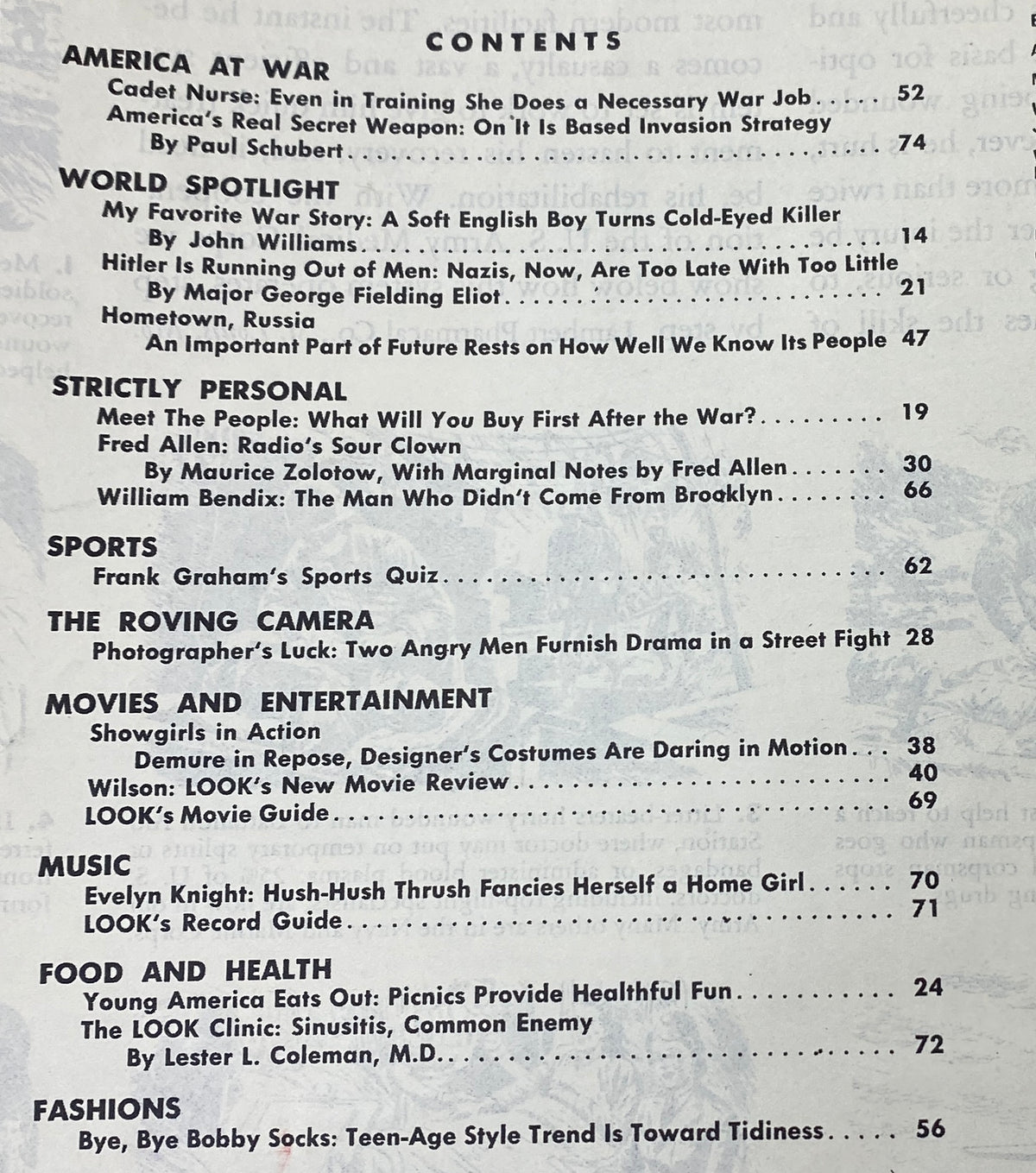 Table of contents from VTG Look Magazine, August 22, 1944, highlighting features on war stories, personal insights, sports quizzes, and entertainment reviews.