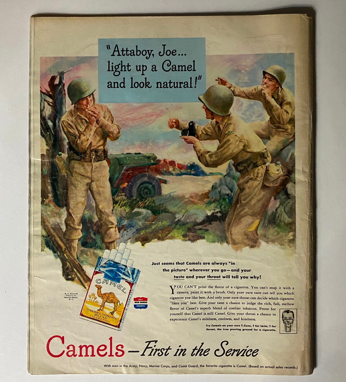 Back cover of VTG Look Magazine, August 22, 1944, depicting soldiers and a Camel cigarette advertisement with the tagline encouraging natural smoking.