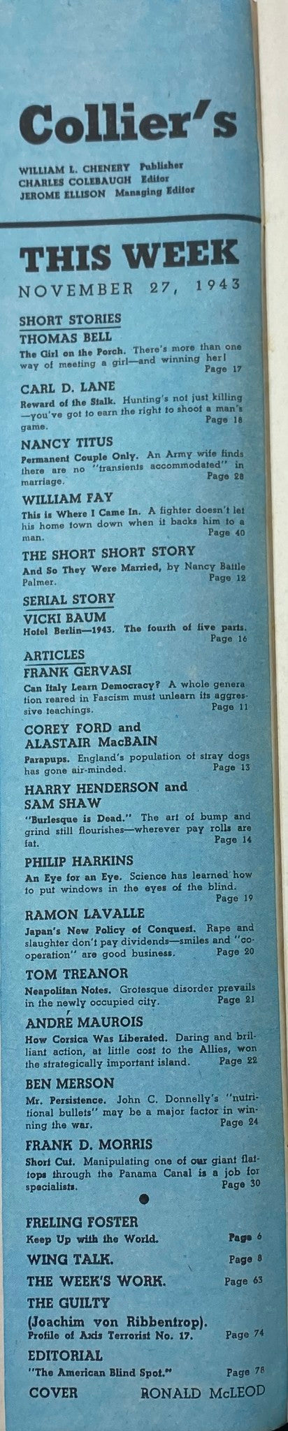 Vintage Collier's Magazine November 27, 1943 Ronald McLeod Cover