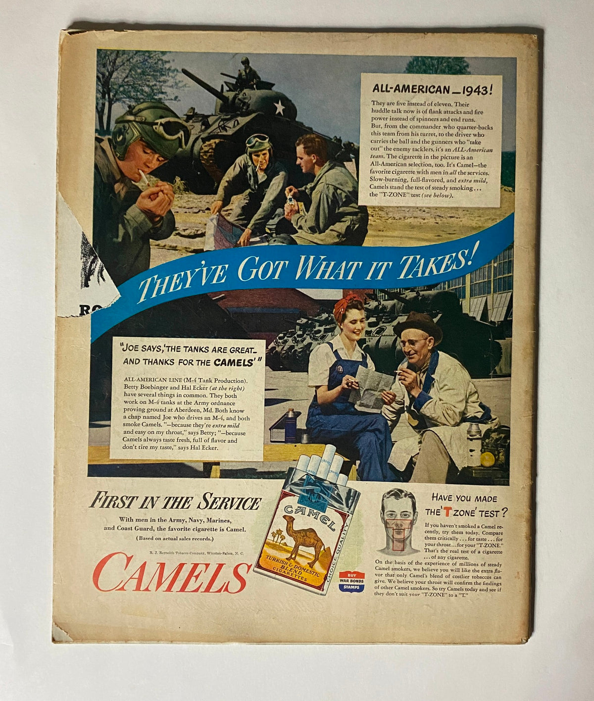 Back cover of VTG Collier's Magazine November 13, 1943 advertising Camel cigarettes with military personnel enjoying a break during wartime.