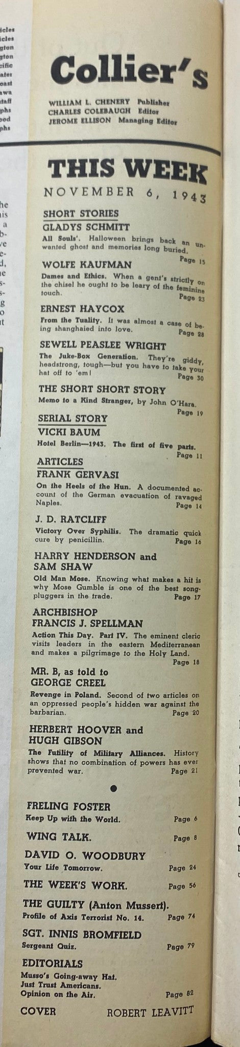 Contents page of VTG Collier's Magazine November 6, 1943 listing short stories and articles, including 'Hotel Berlin' by Vicki Baum and 'Victory Over Syphilis'.