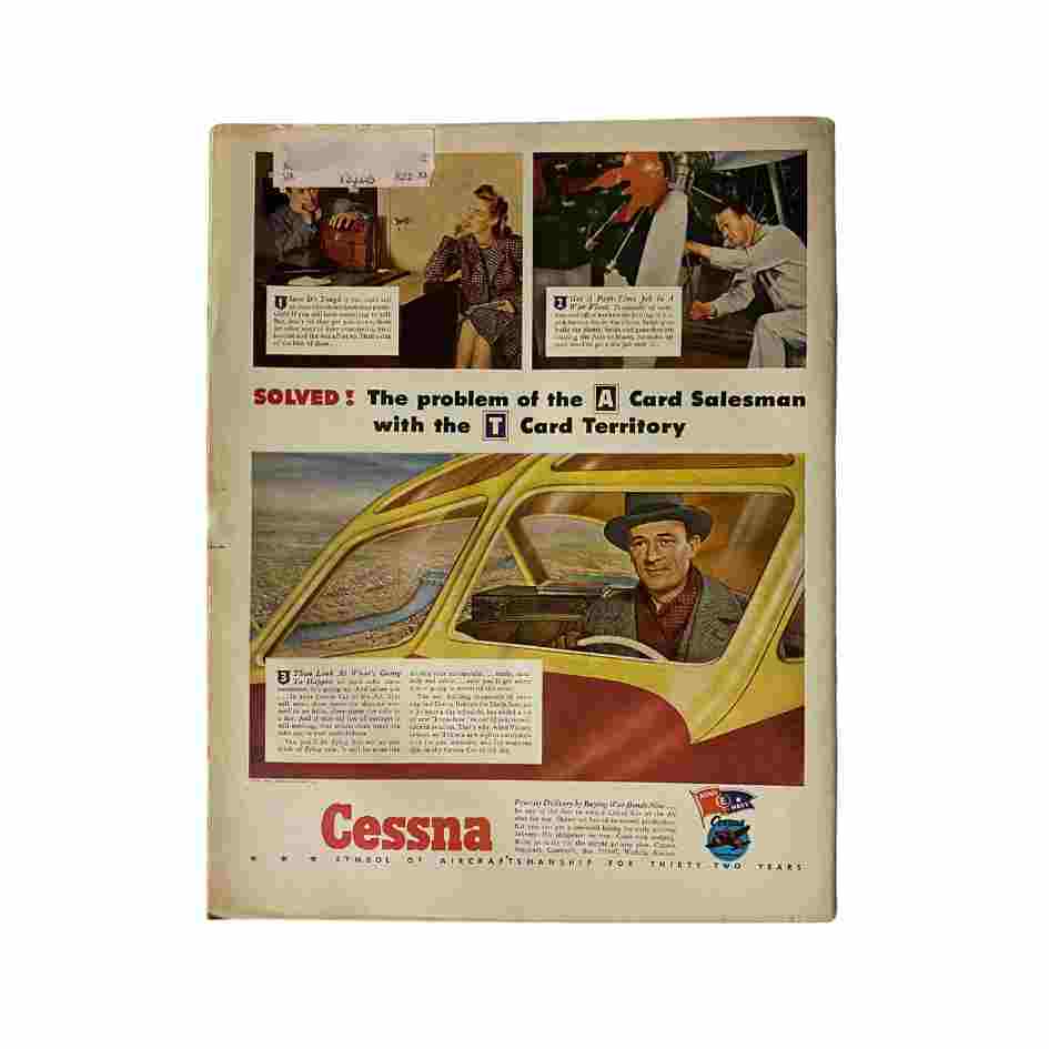 Back cover of VTG Collier's Magazine November 6, 1943 featuring an advertisement for Cessna airplanes with images of salespeople and aircraft.
