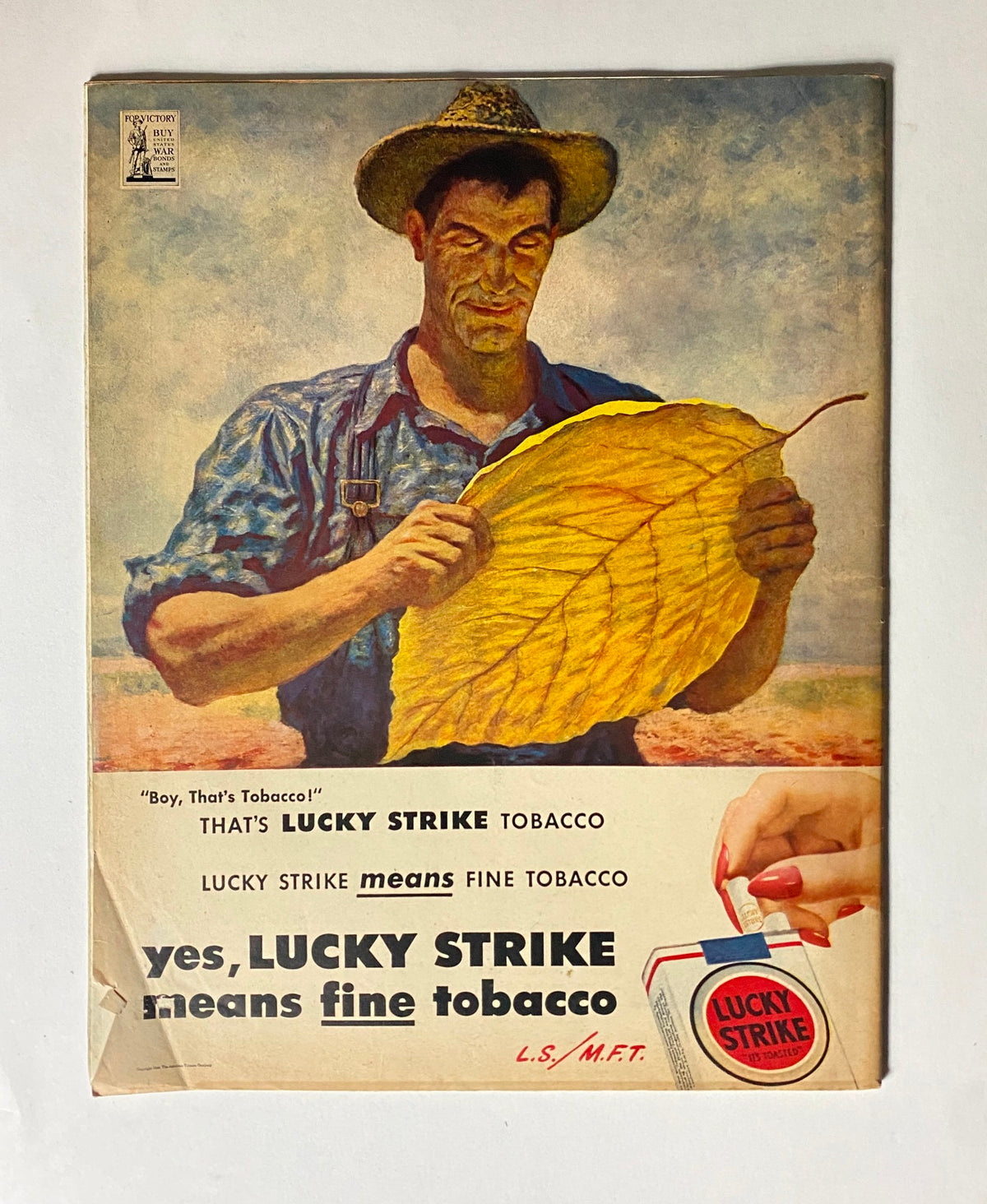 Vintage advertisement for Lucky Strike Tobacco, depicting a farmer inspecting a tobacco leaf, highlighting the quality of their product.