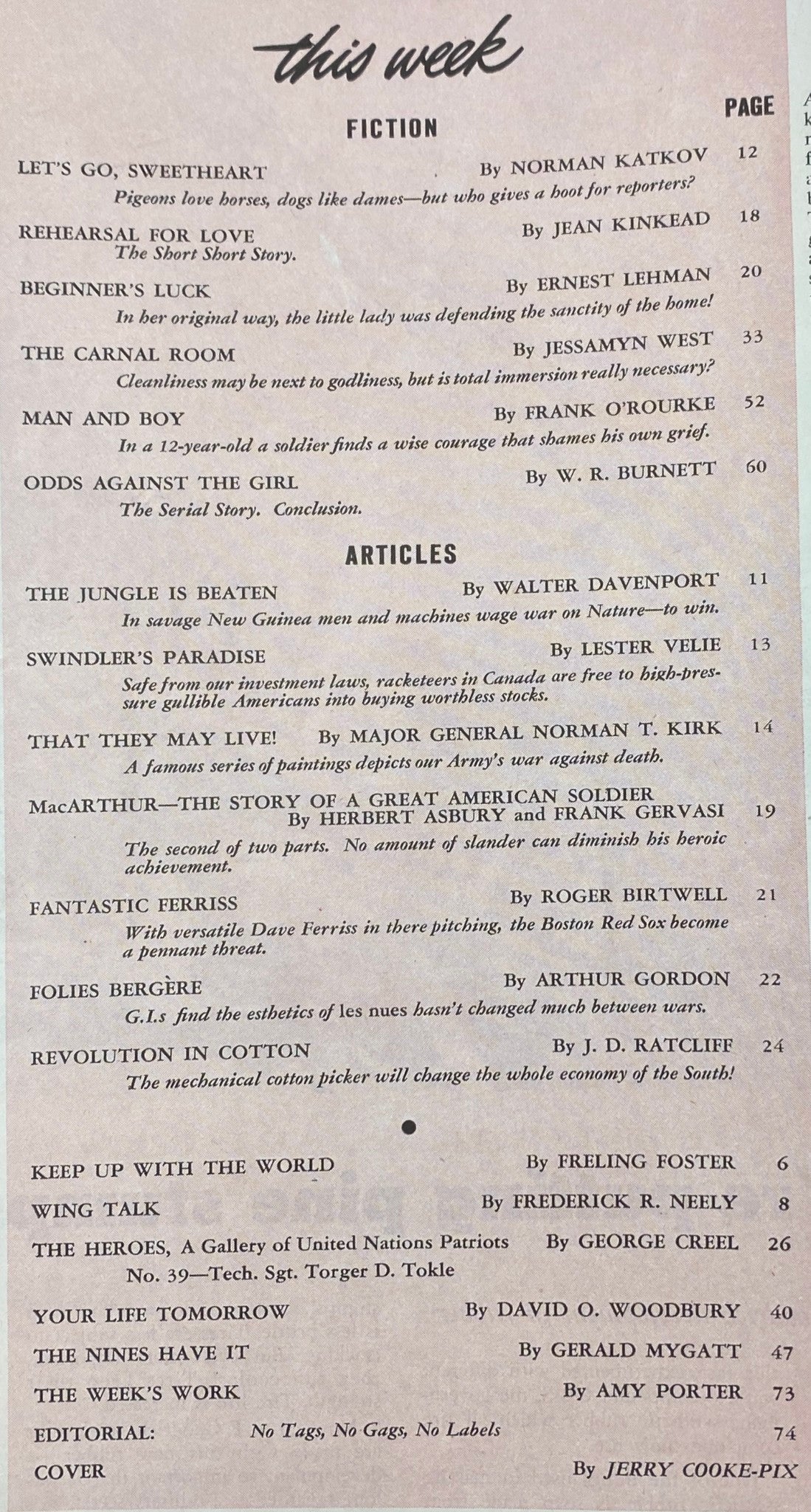 Contents page of Collier's Magazine July 21, 1945, listing fiction and articles including 'Let's Go, Sweetheart' by Norman Katkov and 'That They May Live!' by Major General Norman T. Kirk.