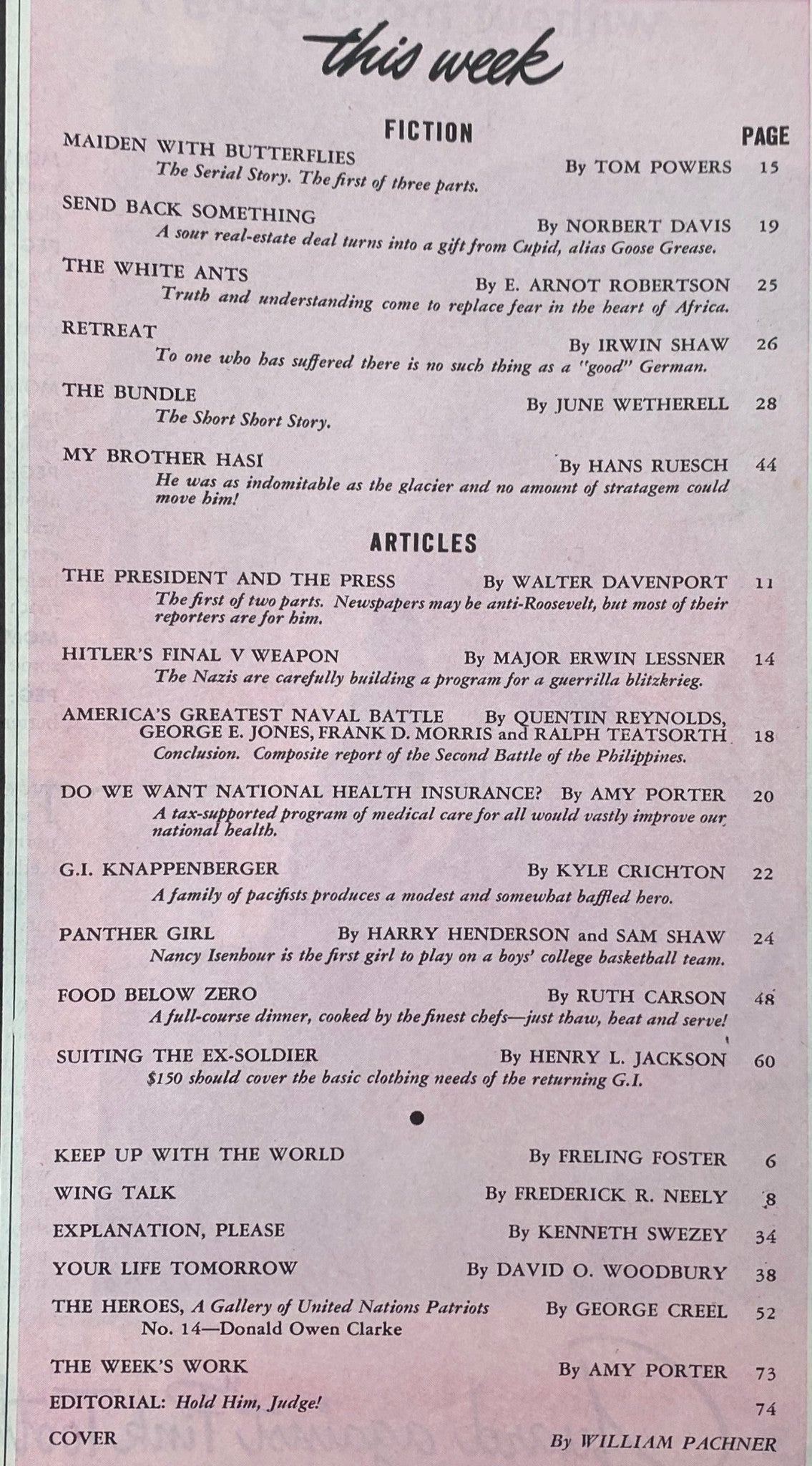 Interior page of Collier's Magazine dated January 27, 1945, listing contents including notable articles such as 'Hitler’s Final V Weapon' and 'G.I. Knappenberger' along with the feature 'The President and The Press'.