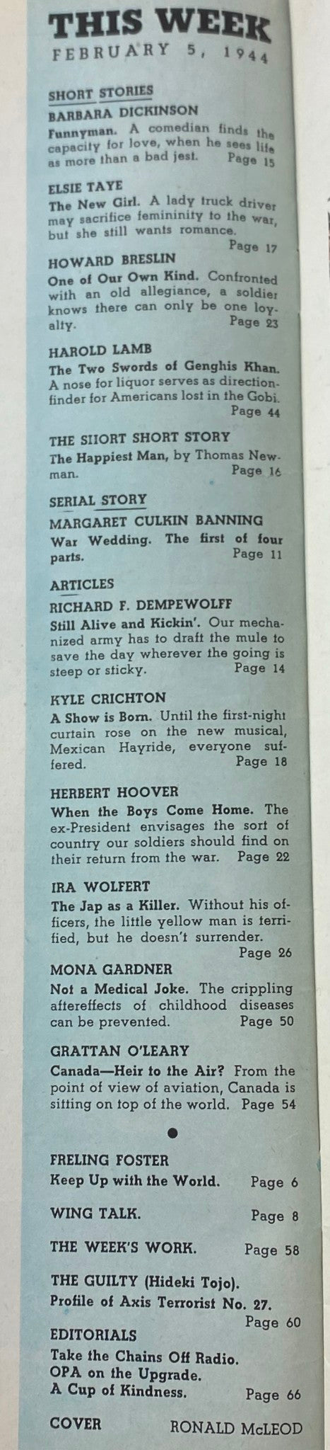 Contents page of VTG Collier's Magazine February 5, 1944, detailing featured stories and articles including 'War Wedding' and 'Funnyman' by various authors, reflecting the literature of wartime America.