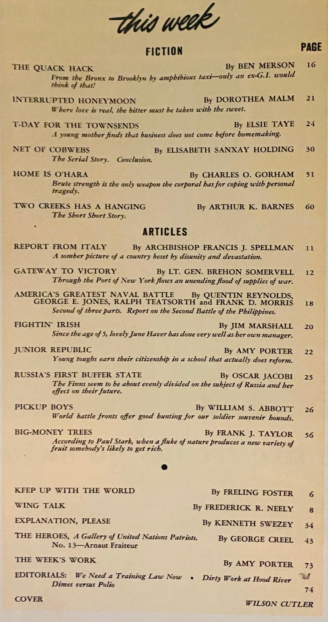 Table of contents from VTG Collier's Magazine January 20, 1945, listing various articles and fiction including 'The Quack Hack' and 'Report from Italy'.