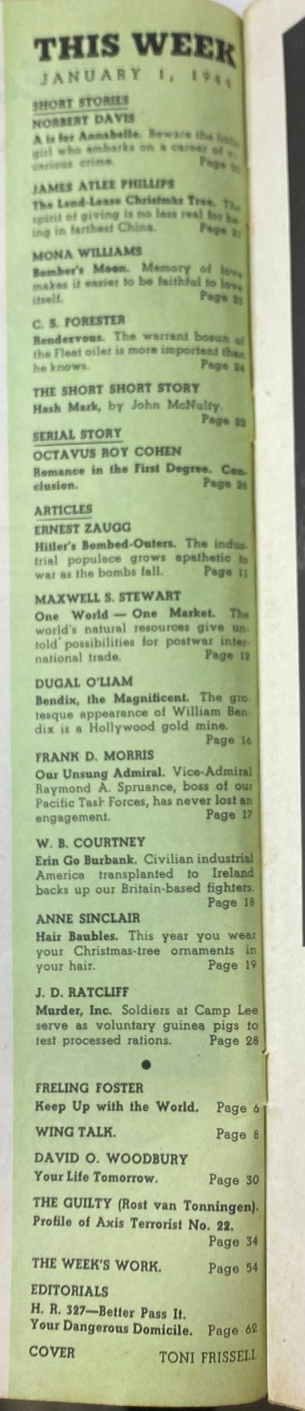Inside page of VTG Collier's Magazine January 1, 1944 featuring the table of contents and editorial details including articles by notable writers and the cover photograph by Toni Frissell.