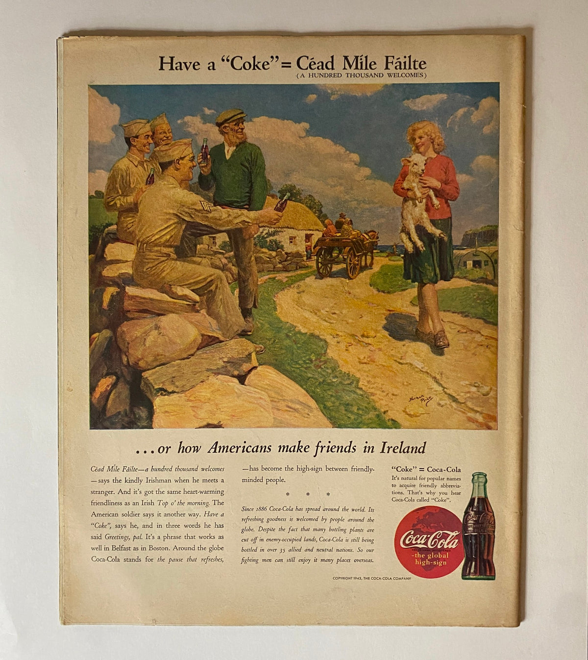 Vintage Coca-Cola advertisement from Collier's Magazine January 1, 1944, depicting Americans enjoying coke and portraying social interactions in Ireland.