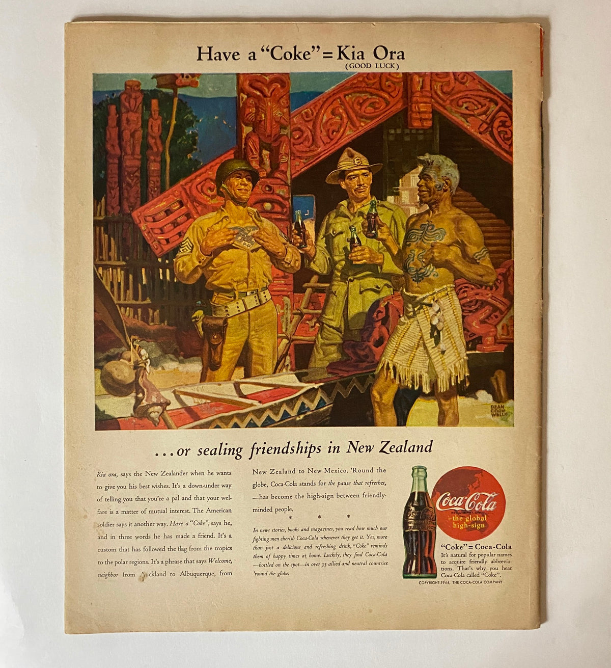 Vintage advertisement from VTG Collier's Magazine March 11, 1944 featuring a colorful illustration of soldiers and a Maori man sharing Coca-Cola bottles, emphasizing friendship and cultural connection in New Zealand.