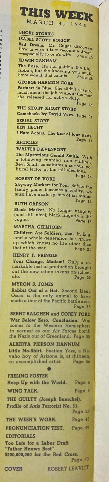 Collier's Magazine March 4, 1944 featuring short stories including 'Bad Dream' by Isabel Scott Rorick and 'Hate Actors' by Ben Hecht. Covering articles on war and societal themes.