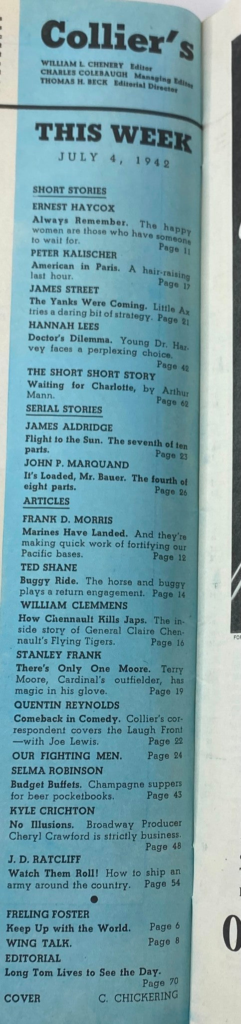 Contents page of VTG Collier's Magazine July 4, 1942 detailing featured stories and articles, including works by Ernest Haycox and Frank D. Morris, showcasing literature from the 1940s.