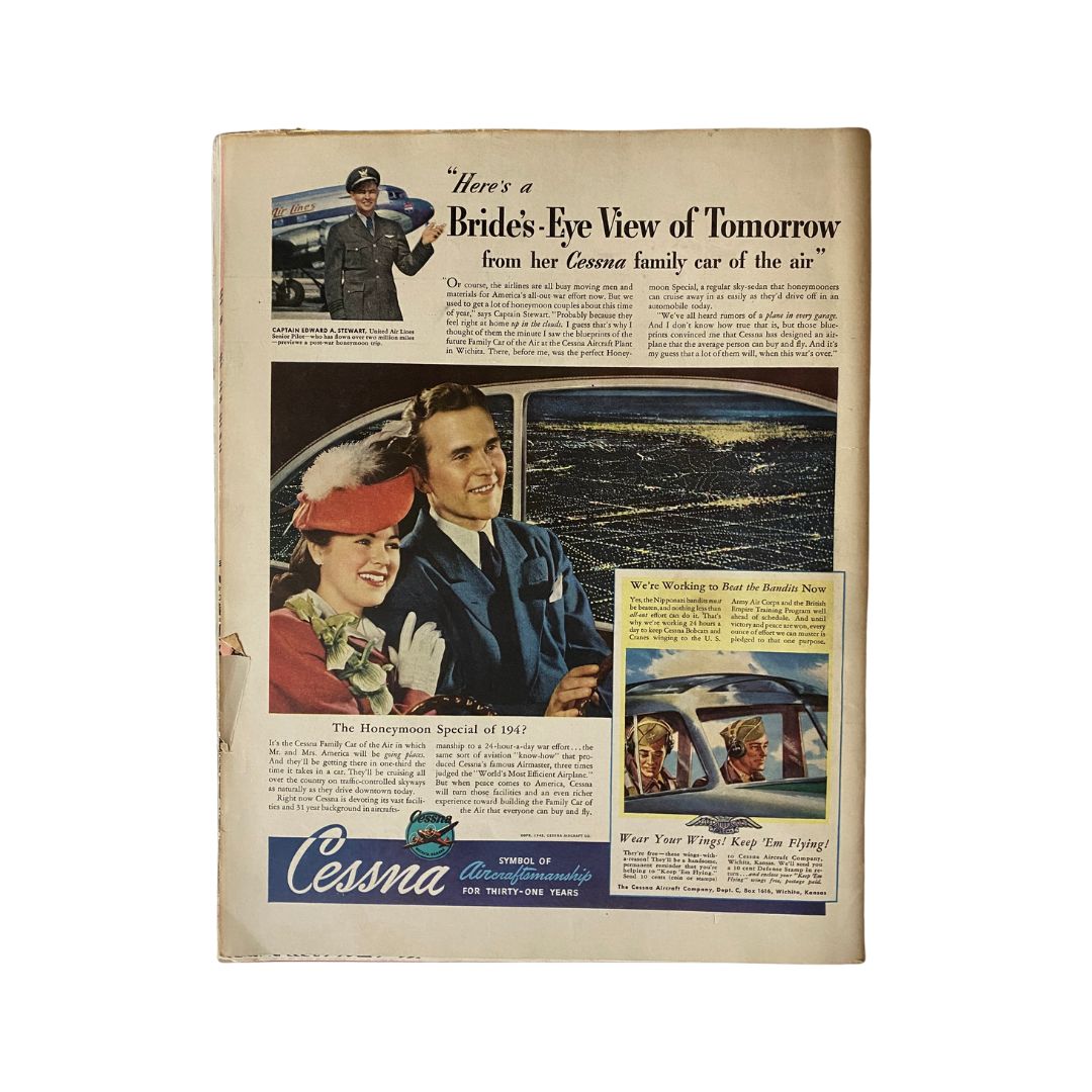 Vintage advertisement showcasing 'A Brides-Eye View of Tomorrow' featuring a couple in an airplane, part of the VTG Collier's Magazine July 4, 1942 Charles R. Chickering Cover, emphasizing Cessna aircraft during the 1940s.
