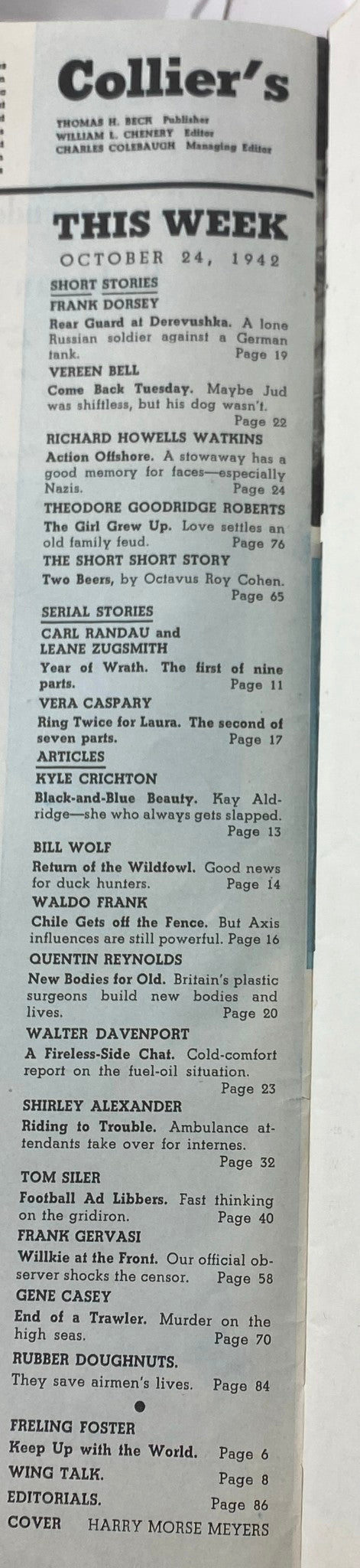 Inside page of VTG Collier's Magazine October 24, 1942 detailing the week's featured stories and articles, including titles like 'Rear Guard at Derevushka' and 'Come Back, Tuesday'.