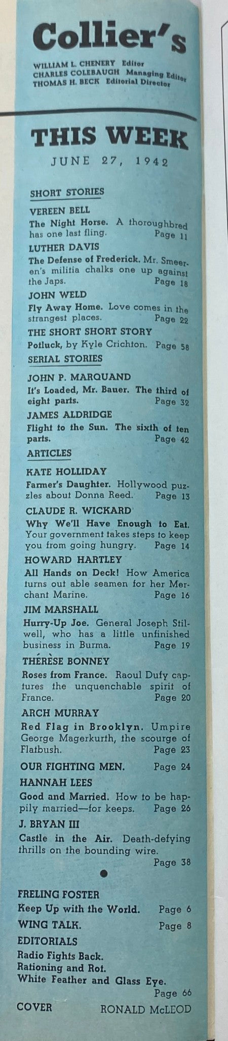 Table of contents page from VTG Collier's Magazine June 27, 1942, highlighting featured short stories and articles relevant to the wartime era.