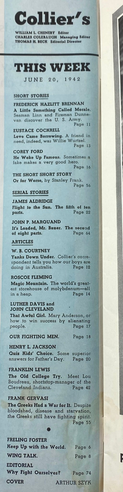 Interior page from the June 20, 1942 issue of Collier's Magazine listing articles and short stories, showcasing content relevant to the World War II era.