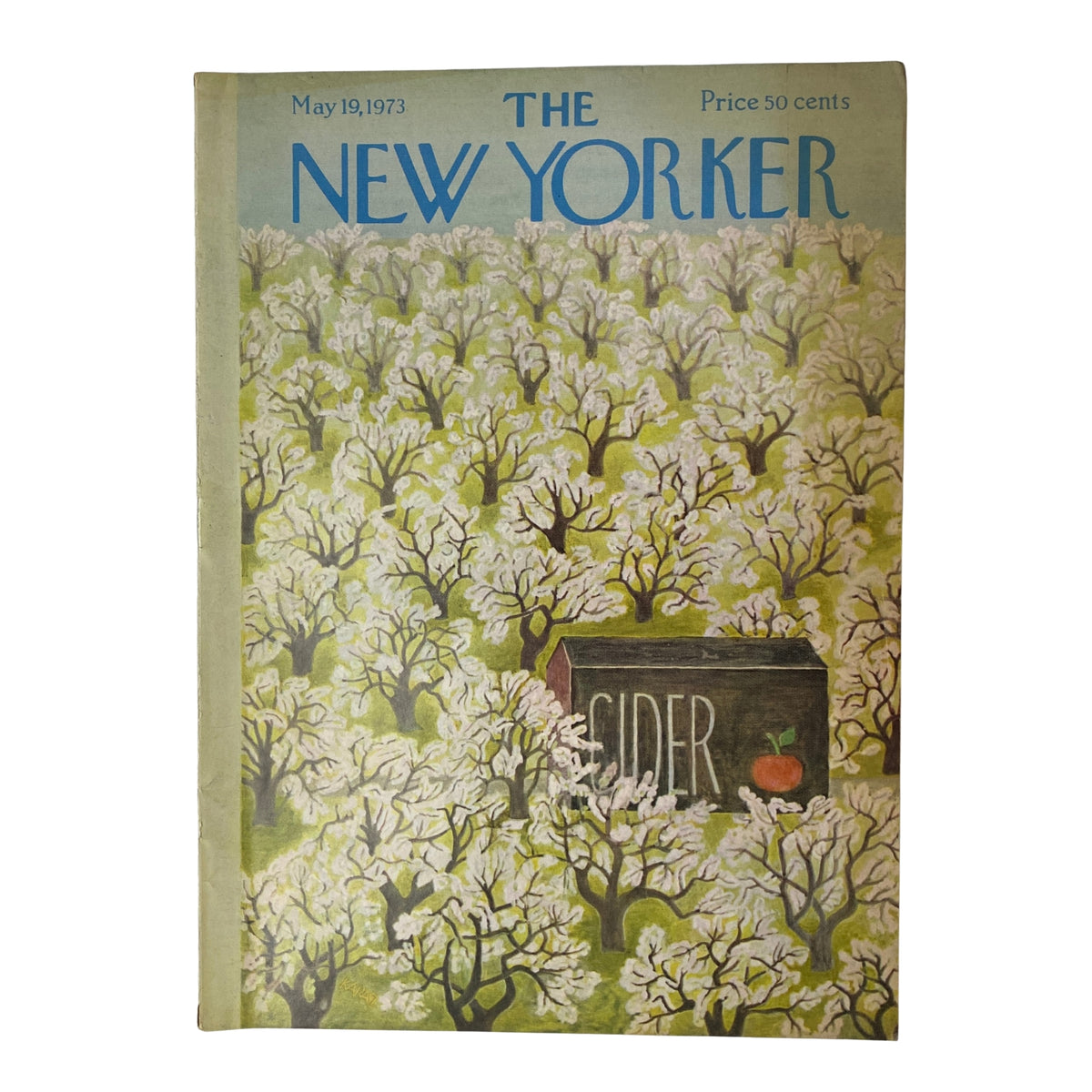 The New Yorker Full Magazine May 19, 1973 Ilonka Karasz Cover featuring an illustration of a serene orchard with snowy trees.