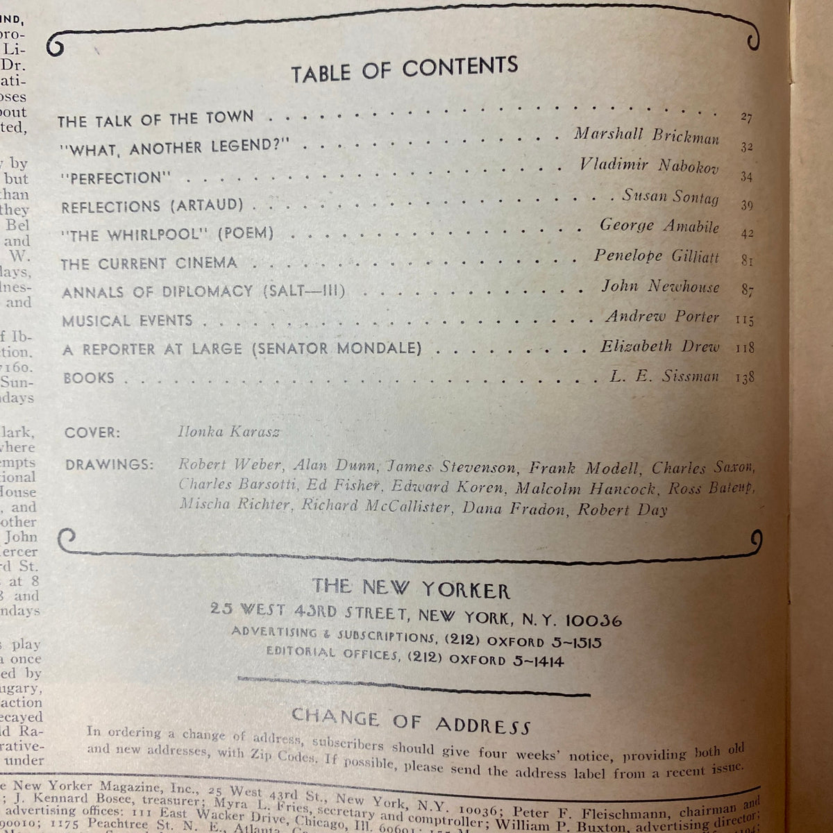 The New Yorker Full Magazine May 19, 1973 Ilonka Karasz Cover showing the Table of Contents, including notable works by Vladimir Nabokov and Susan Sontag.