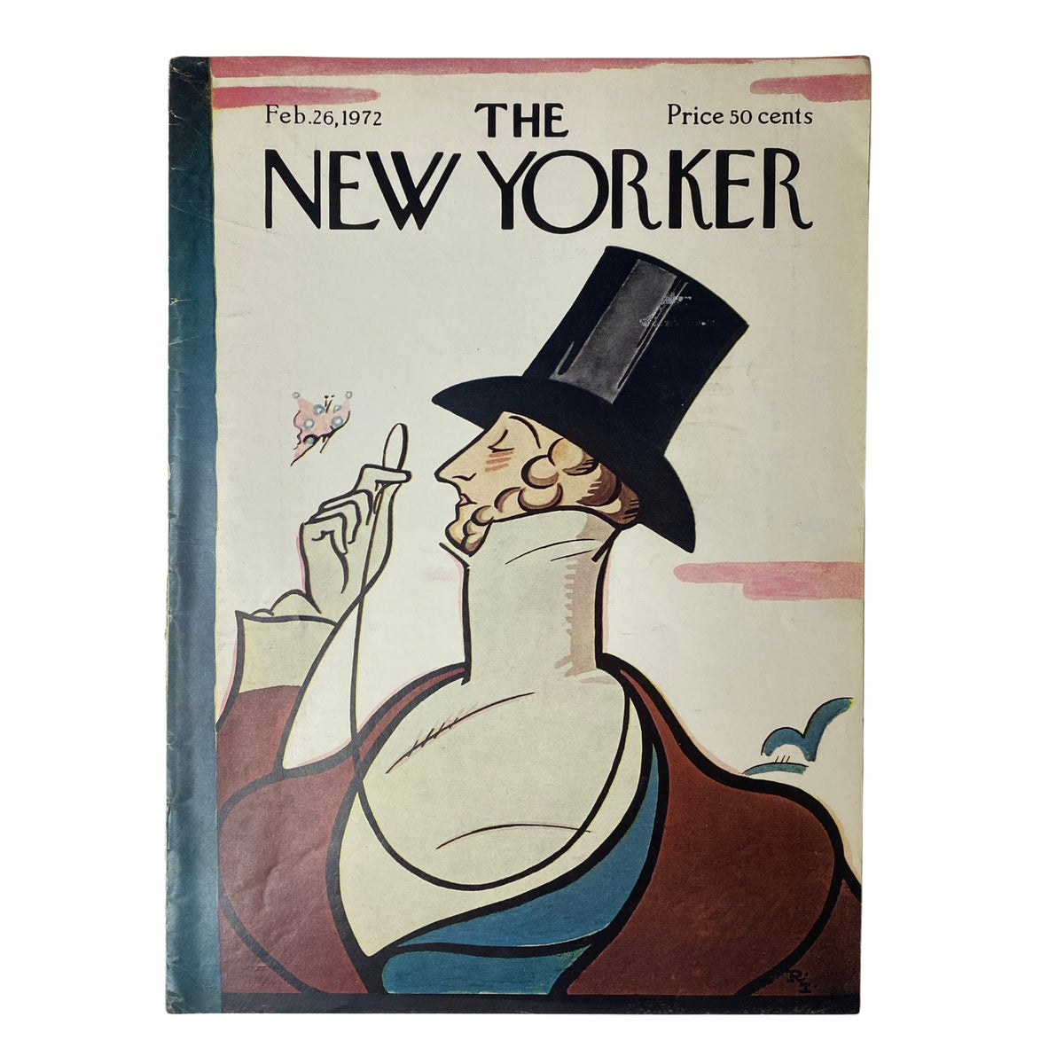 Cover of The New Yorker Full Magazine February 26, 1972, featuring a classic illustration by Rea Irvin, depicting a gentleman in a top hat with a whimsical background.
