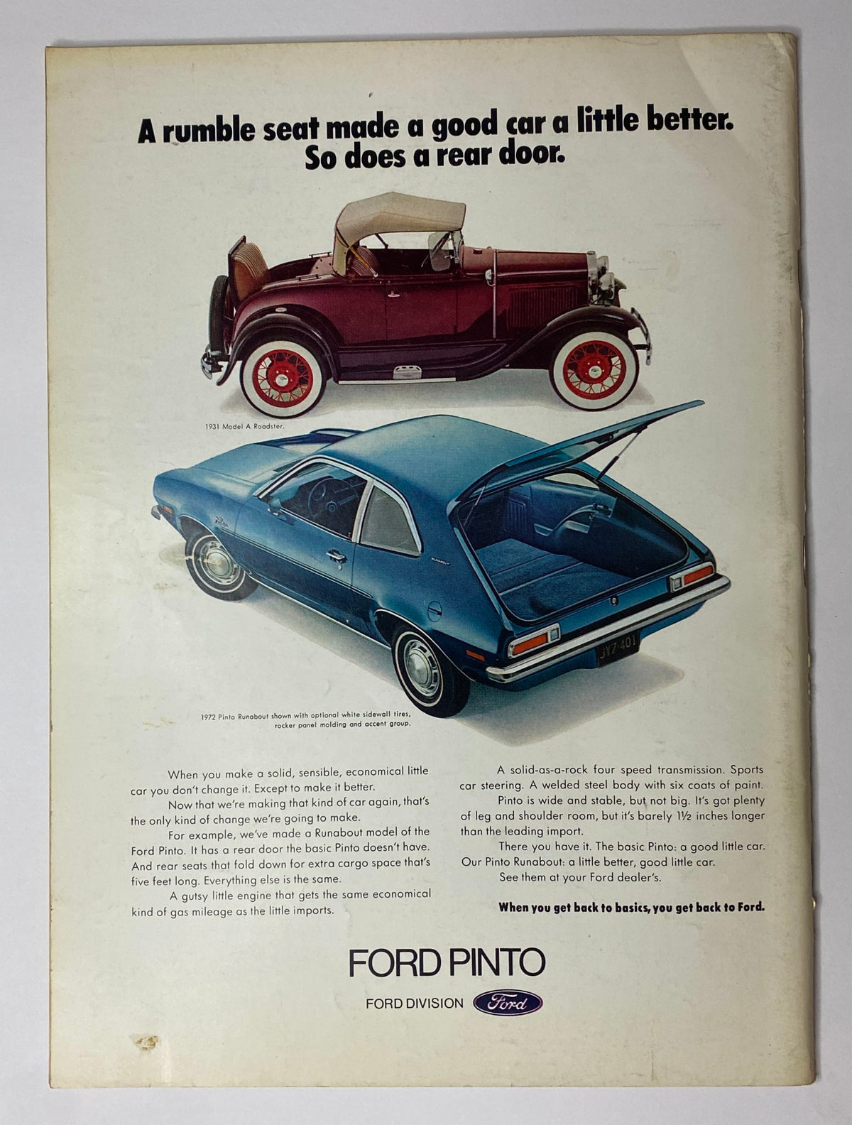 Vintage advertisement for Ford Pinto featured in The New Yorker Full Magazine February 26, 1972, highlighting the benefits of the economical car with two distinct models.