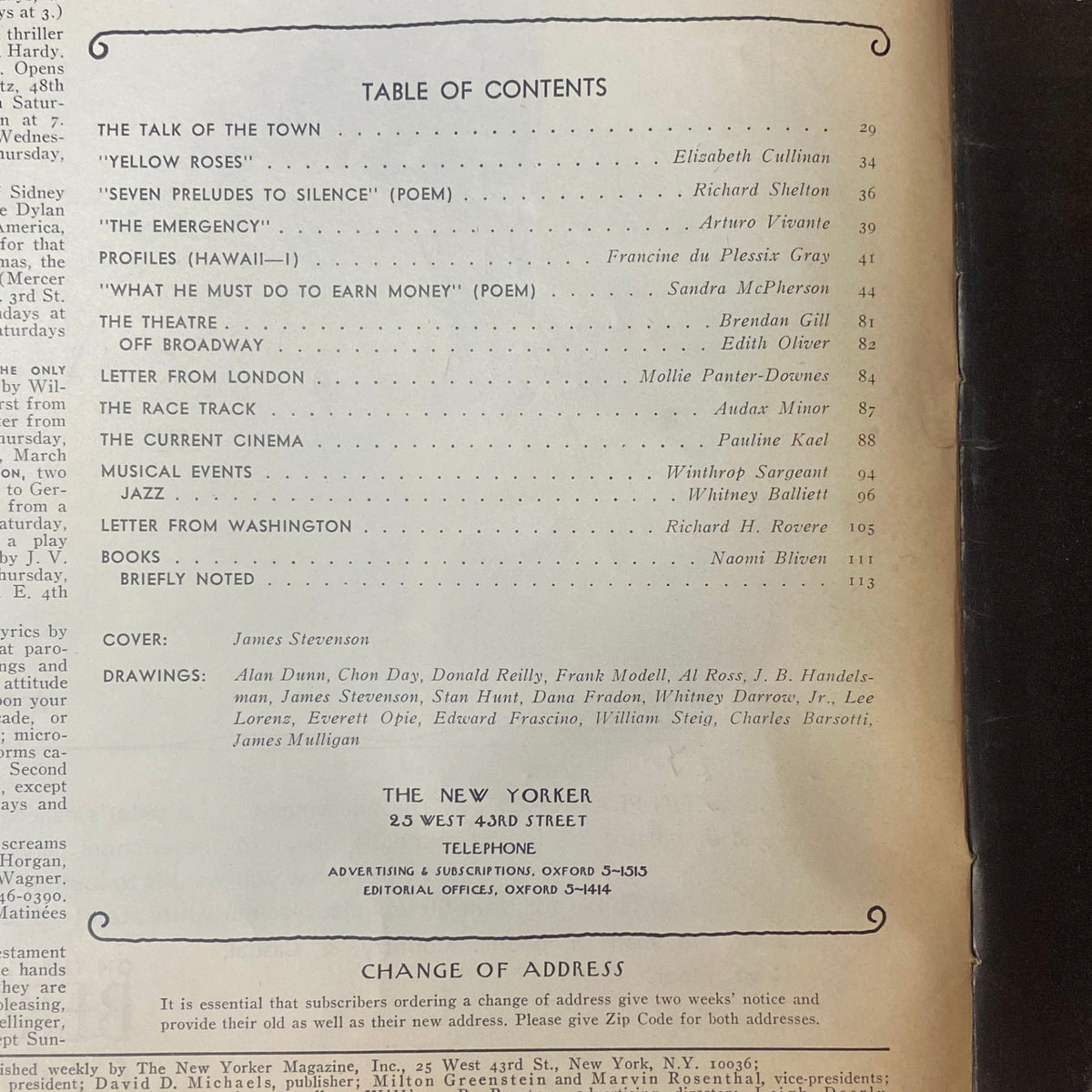 Table of Contents from The New Yorker Full Magazine March 4, 1972, listing featured articles and illustrations. Highlights include contributions from Francine du Plessix Gray and Pauline Kael.
