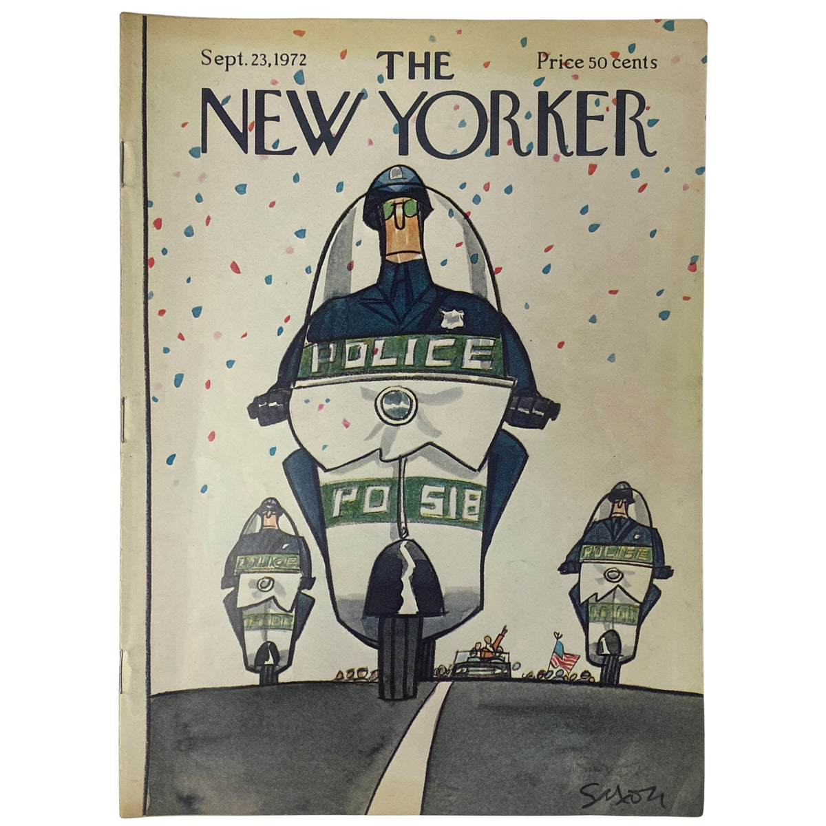 Cover of The New Yorker magazine from September 23, 1972 featuring a Charles Saxon illustration depicting police officers on motorcycles, reflecting the humor and satire characteristic of the publication.