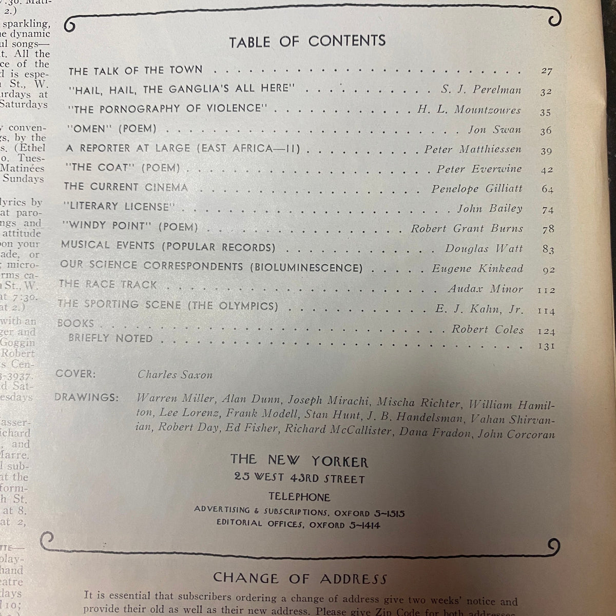 Table of contents from The New Yorker magazine issue dated September 23, 1972, showcasing featured articles and contributors, including S. J. Perelman and Peter Matthiessen.